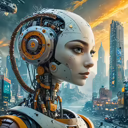 a girl with a robot head in the middle of a city