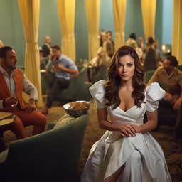 the young lady poses in the lobby of a fancy restaurant