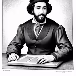 a man with a beard sitting in front of a desk