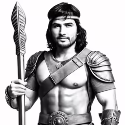a man in ancient armor with a spear and a helmet