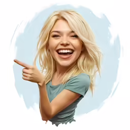 a close up of a person smiling holding a finger