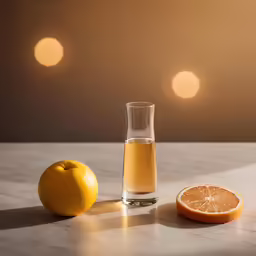 there is an orange and a glass of alcohol sitting on the table