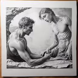 a black and white image of two people sitting on top of each other