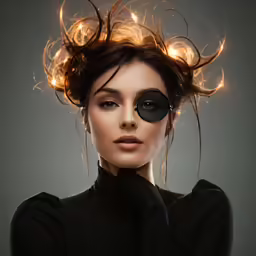 a woman with her hair up, and a mask over her face