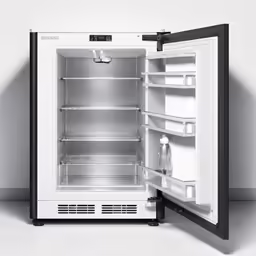 the open top refrigerator is on the ground