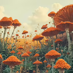 a field full of bright orange flowers next to tall grass