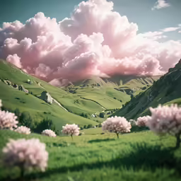 a lush green field with flowers and some clouds