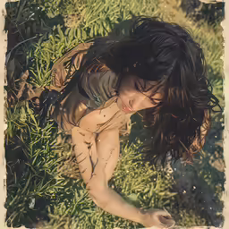a beautiful young woman laying on a green field