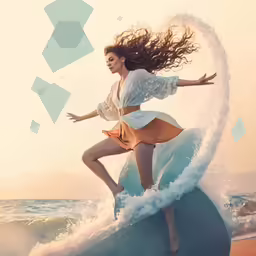 a woman standing on top of a wave near the ocean