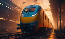 a blue and yellow train in a train station,the front side of a train going down the tracks