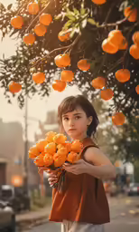a girl is holding some oranges in a tree
