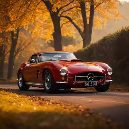a red car sitting on the road in front of trees