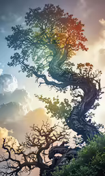a tree with three colors is next to the sky