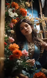 the girl sits in front of flowers by her window