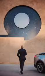 a man walking in front of a car that has a large circle design