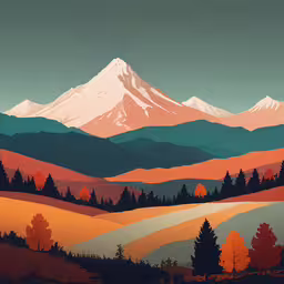 a painting of mountains that are covered in fall foliage,a painting of the mountains in fall