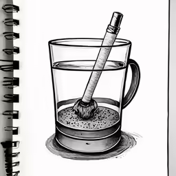 a drawing of a glass of water and a small cigar resting on it