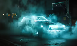 an old car with a lot of fog coming from it