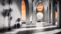an interior with tall arches and floor windows, containing round vases