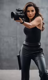 a woman in a wet suit holding a camera