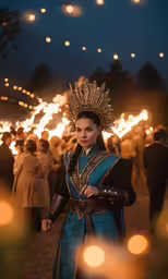 the young woman in costume is standing among the people