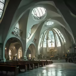 a church with large windows and a chandelier