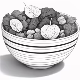 a bowl with apples, leaves and berries in it
