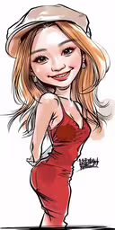a digital caricature of a cartoon woman in a red dress,a woman in red is smiling and posing for a picture