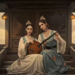 two beautiful young women dressed in renaissance clothes