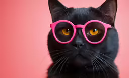 a cat wearing pink glasses against a red background