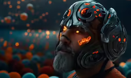 an artist wearing a helmet made of flames