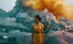 woman in yellow dress looking up at mountain with smoke