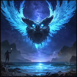 a person in the dark is next to an animal with blue wings