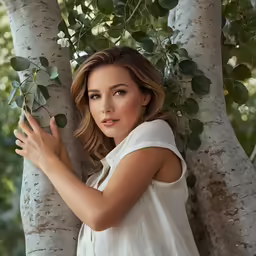 young attractive woman standing under tree posing for camera