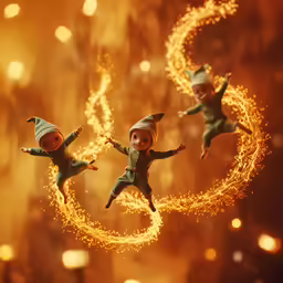 two elfs are flying over a golden circle of fire