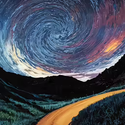 the night sky has many star trails over it