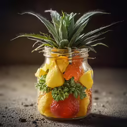 fresh fruit arrangement in jar on counter top