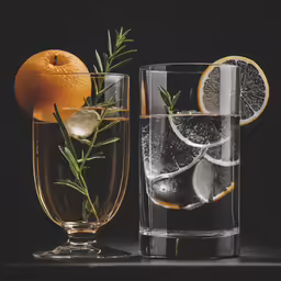 two glasses with ice and water with fruit and vegetables
