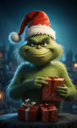 the grin stole christmas presents in front of a cityscape
