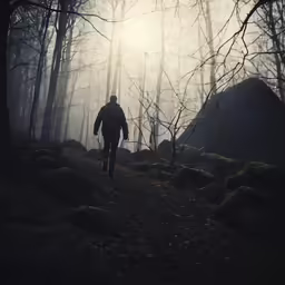 a person is walking through the woods in front of rocks