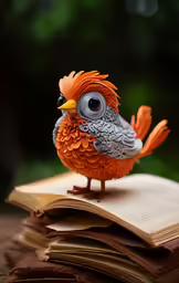 a plastic bird perched on an open book