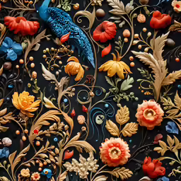 the image shows a floral pattern with red, blue, orange and yellow flowers