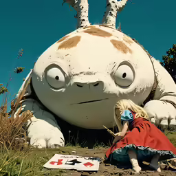 a girl kneeling next to a giant stuffed animal