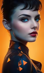 a woman in a black leather coat with blue eyes and black hair
