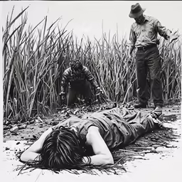 a black and white photo of a woman laying on the ground next to corn stalks