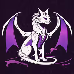 an illustrated image of a white cat in front of an evil bat,a cat sitting on top of a disc with purple eyes