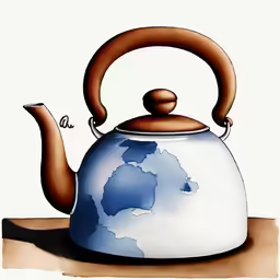 a drawing of a kettle that is painted in blue and white