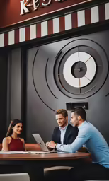 a man and two women sitting at a table with a laptop