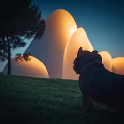 a dog is standing on the grass next to some lights