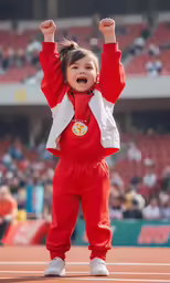 the child is raising her fist up and posing